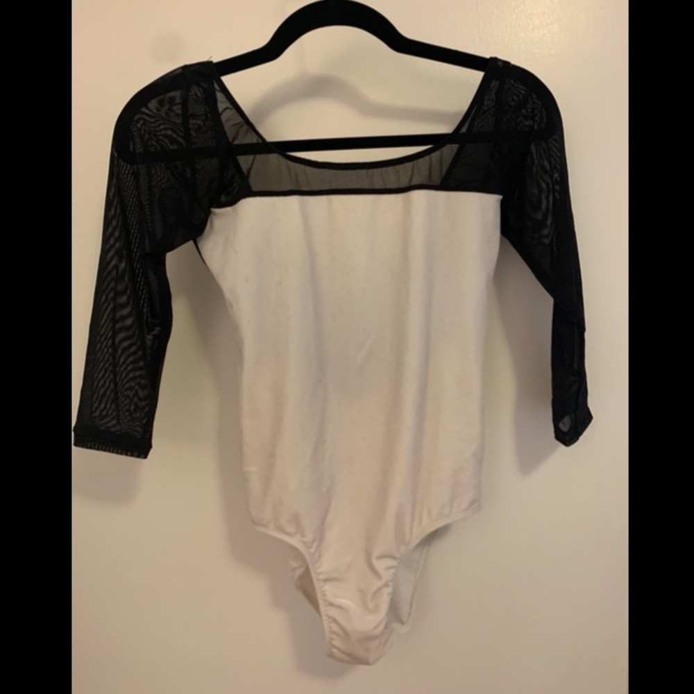 Class In | White Velvet Leotard with Mesh Sleeves (L)